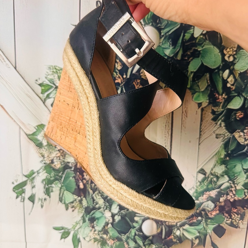 Charles David Black and Tan Wedge Sandals with Cork Platform
